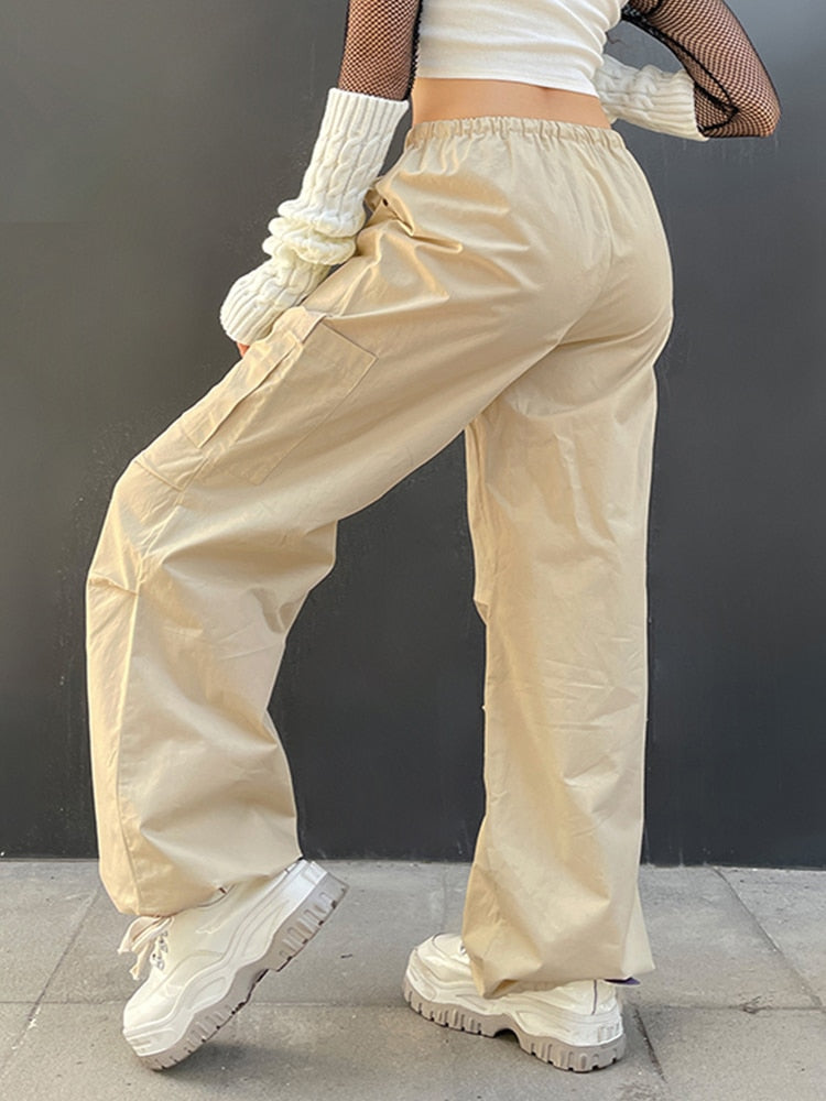 Weekeep Light Khaki Cargo Pants Streetwear 100% Cotton Big Pocket Patchwork Casual Pants Drawstring Low Waist Baggy Trouser Lady