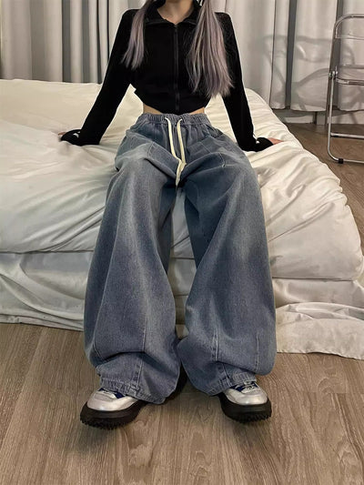 Spring Women Vintage Baggy Jeans Elastic Waist Oversized American Trouser Denim Wide Leg Streetwear Straight Basic Pants