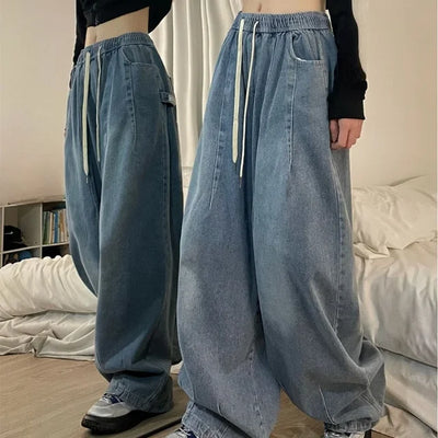 Spring Women Vintage Baggy Jeans Elastic Waist Oversized American Trouser Denim Wide Leg Streetwear Straight Basic Pants