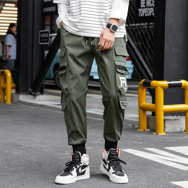 HIQOR Ribbons Multi Pockets Cargo Pants Men Harajuku Casual Track Trouser Hip Hop Streetwear Techwear Pants Joggers Men
